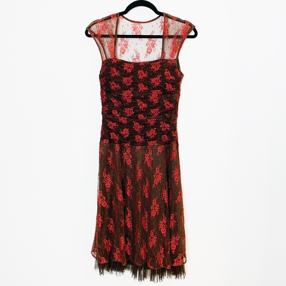 Sangria Fit & Flare Dress Size 8 Chocolate Brown Red Floral Lace Overlay Tulle